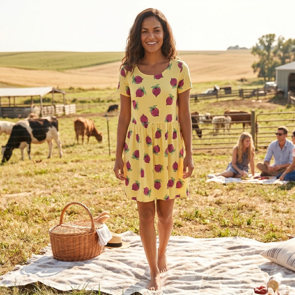 ModCloth Women's Yellow Purple Turnip Print Pockets Babydoll Dress Size M